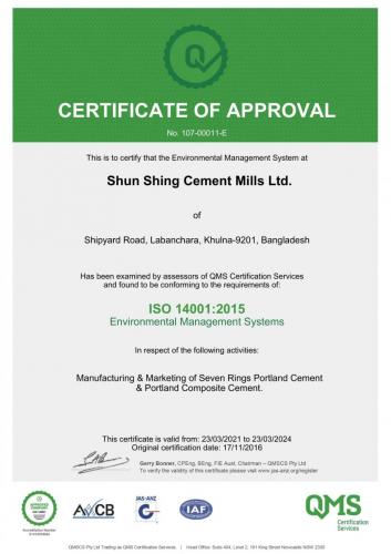 Certificate-ISO 14001-Shun Shing Cement Mills Ltd. 2024