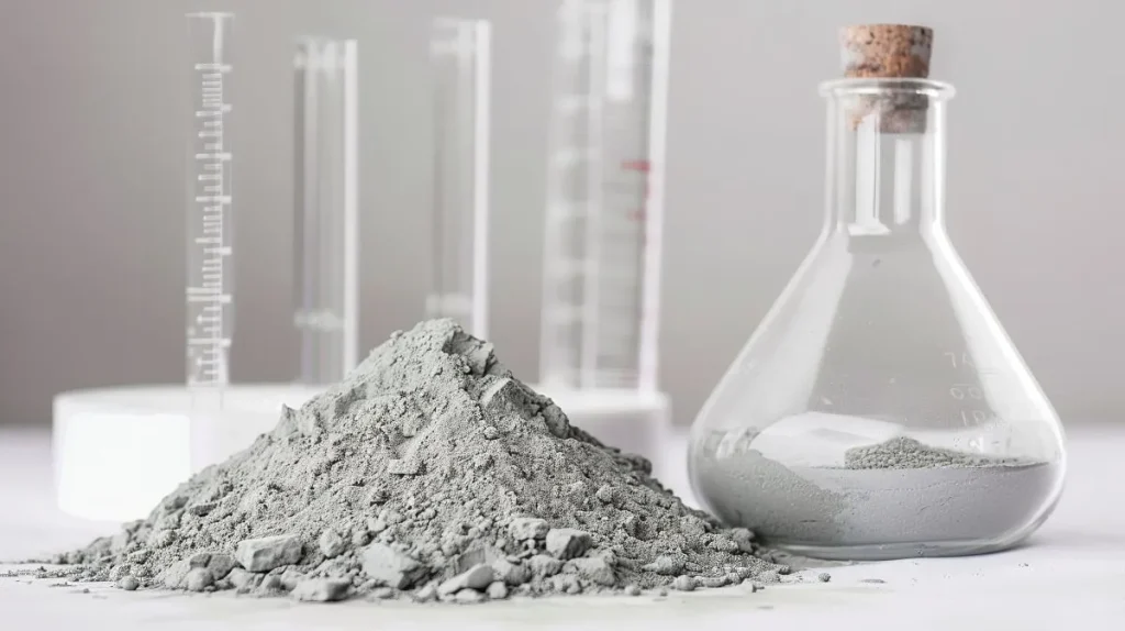 Cement powder sample with laboratory glass equipment used to test best quality cement in Bangladesh