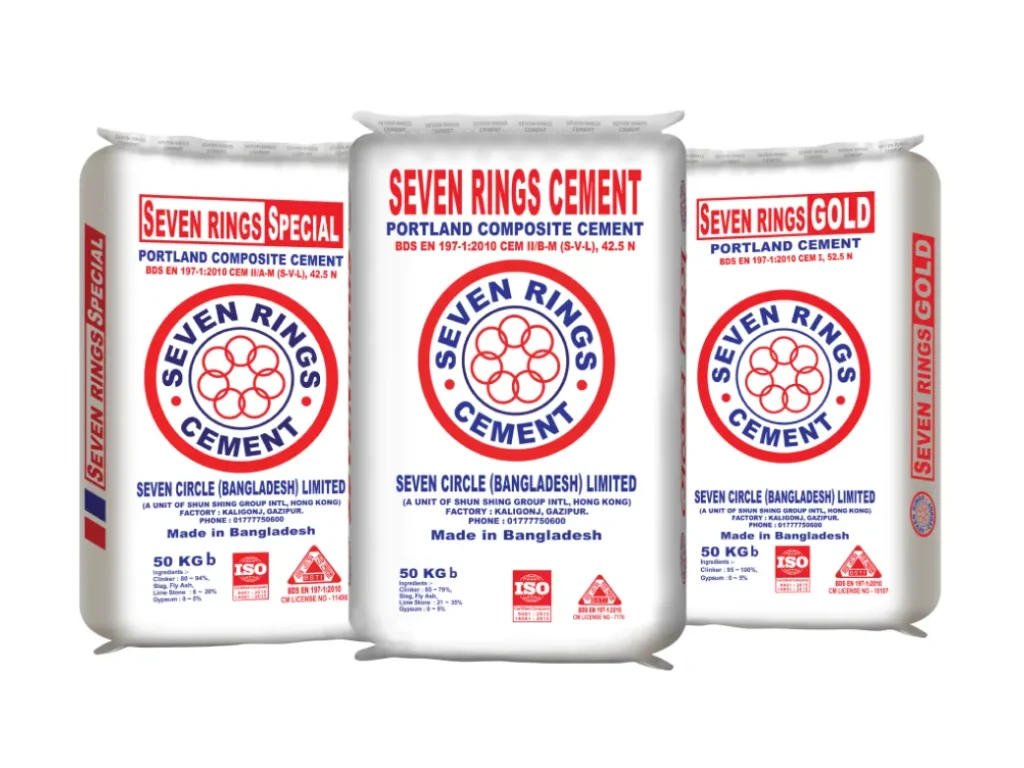 Three Seven Rings cement bags showing different variants of best quality cement in Bangladesh