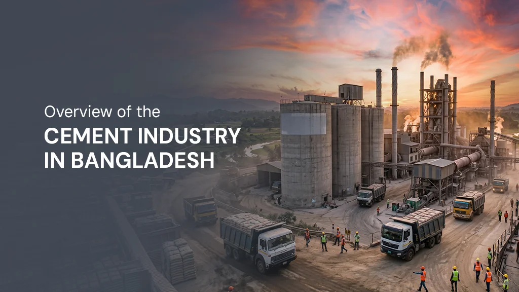 An aerial view of an active factory representing the cement industry in Bangladesh at sunset, featuring industrial silos and cargo trucks.