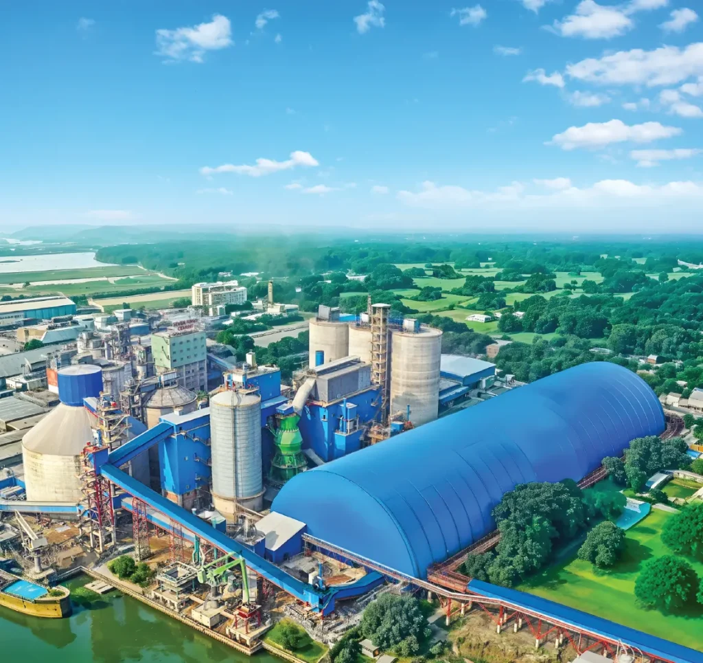 An aerial view of the modern Seven Rings Cement factory plant, showcasing industrial infrastructure within the cement industry in Bangladesh.