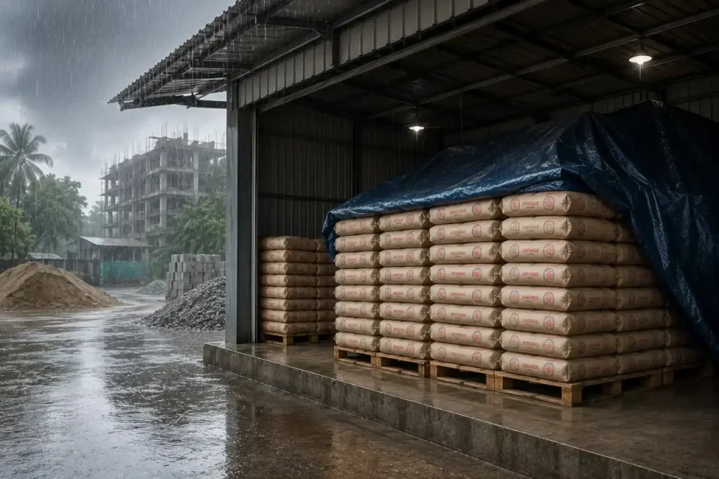 Stacks of cement bags stored on raised wooden pallets inside a covered warehouse and protected with a waterproof tarpaulin during heavy rainfall to prevent moisture damage.