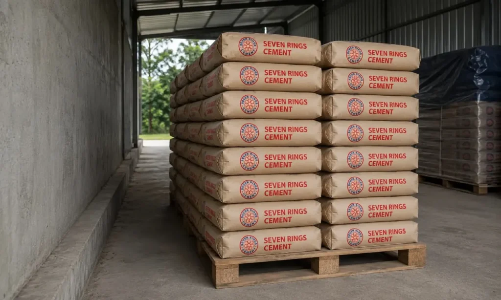 Cement bags stacked on a raised wooden pallet with proper clearance from the wall inside a covered warehouse to prevent moisture damage during the rainy season.