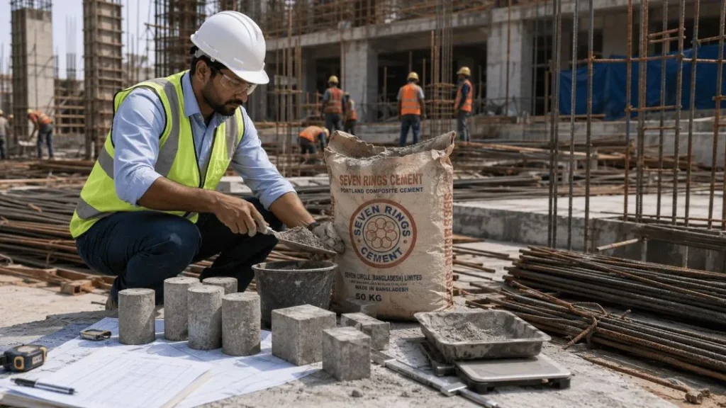 Engineer inspecting cement quality before purchase as part of choosing the best option based on Cement Price in Bangladesh.