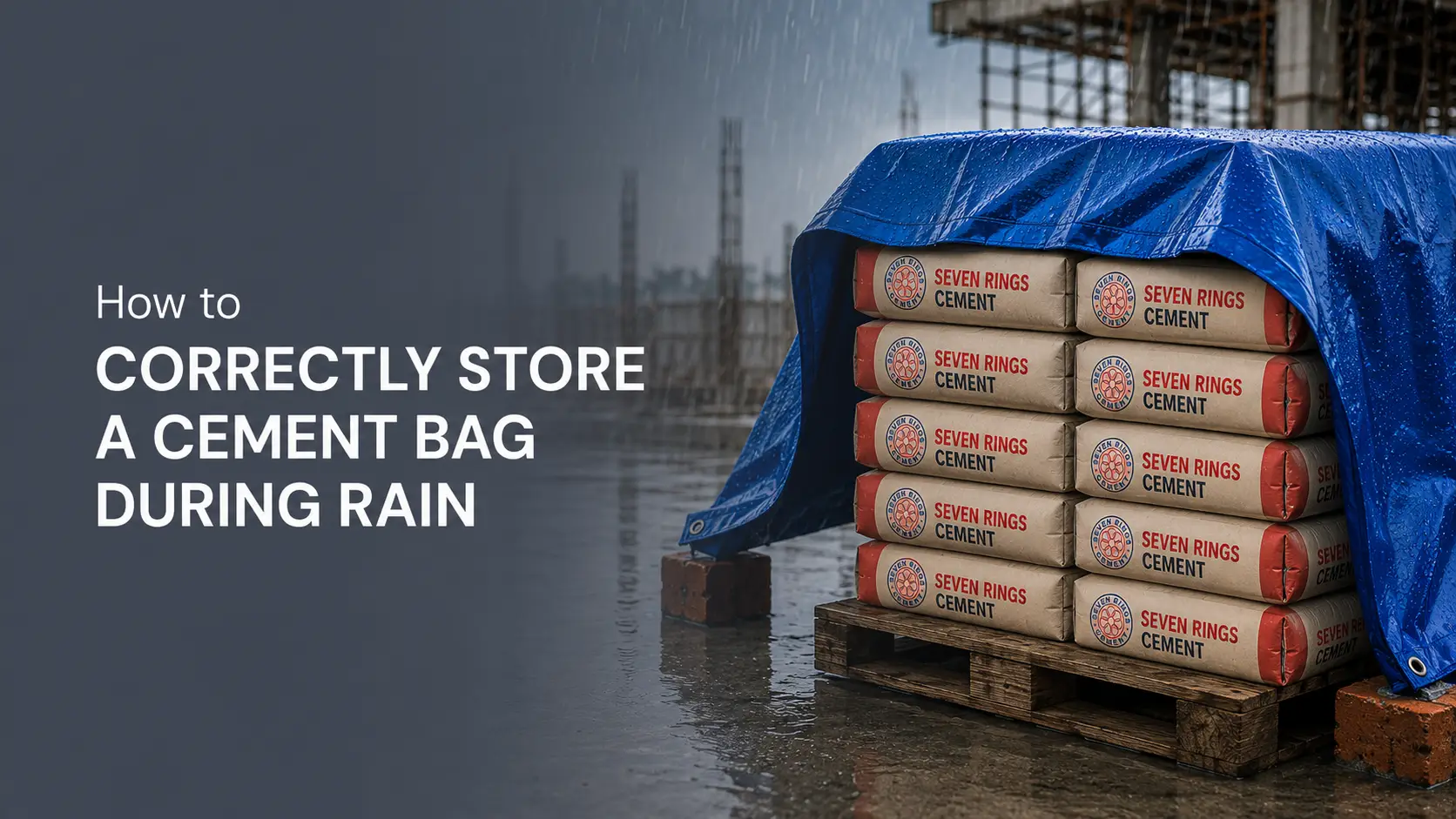 Cement bags stacked on wooden pallets and covered with a waterproof tarpaulin to protect them from rain and moisture on a construction site.