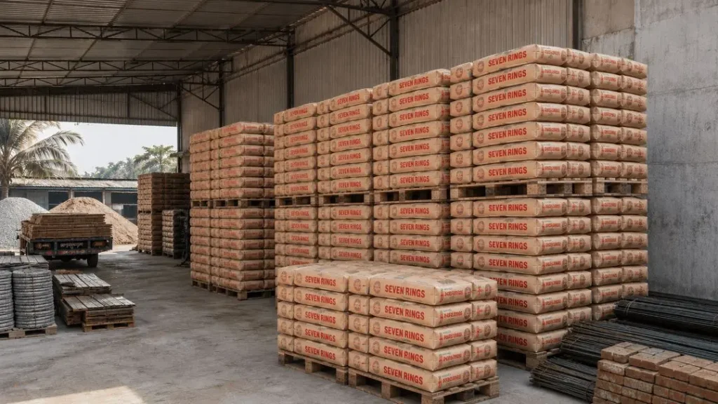 Popular cement brands in Bangladesh displayed in a warehouse, highlighting the Cement Price in Bangladesh market.