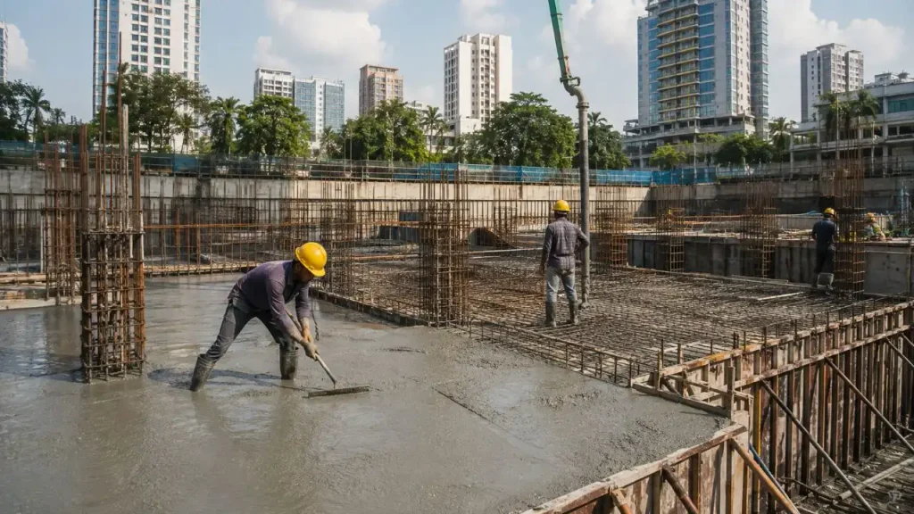 OPC vs PPC cement for concrete foundation construction with workers pouring and finishing reinforced concrete