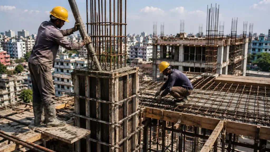 OPC vs PPC cement for RCC construction with workers pouring concrete into a reinforced concrete column
