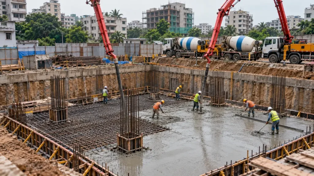 Workers pouring and levelling concrete over a reinforced foundation during high-rise building construction in Bangladesh.