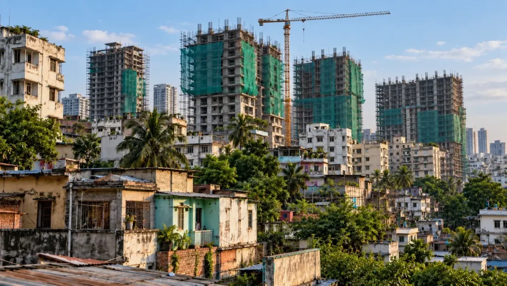 Multiple high-rise buildings under construction across Dhaka, Bangladesh, illustrating urban development and high-rise building construction.