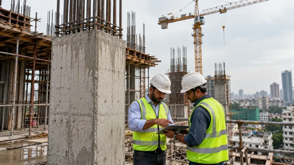 Construction engineers inspecting a reinforced concrete column at a high-rise building construction site in Dhaka.