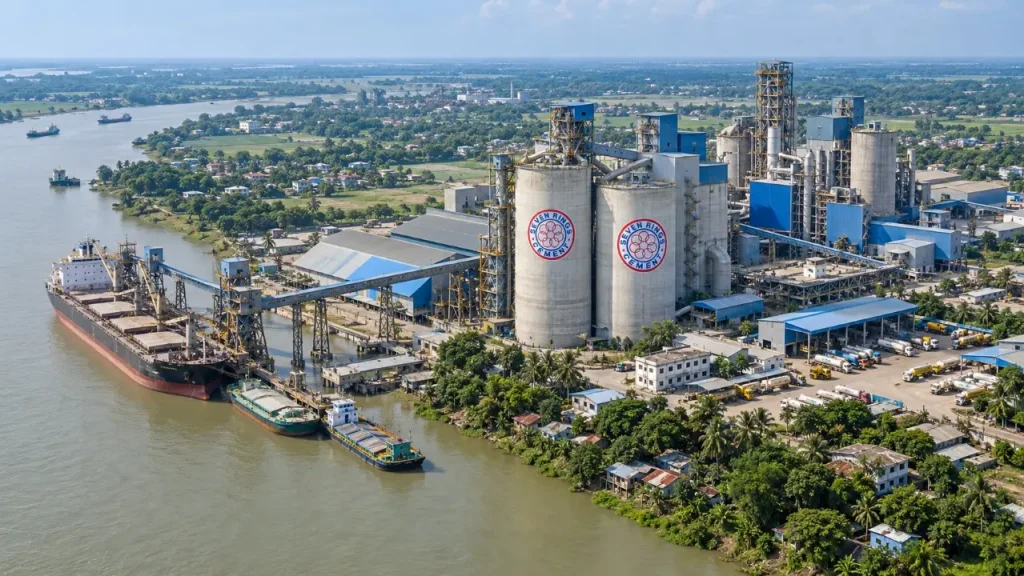 Seven Rings Cement factory and river transport infrastructure illustrating the history of a leading cement company in Bangladesh.