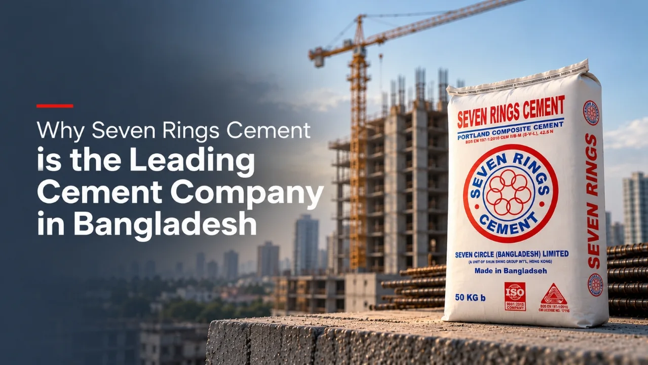 Seven Rings Cement manufacturing facility and branded cement bag representing a leading cement company in Bangladesh.