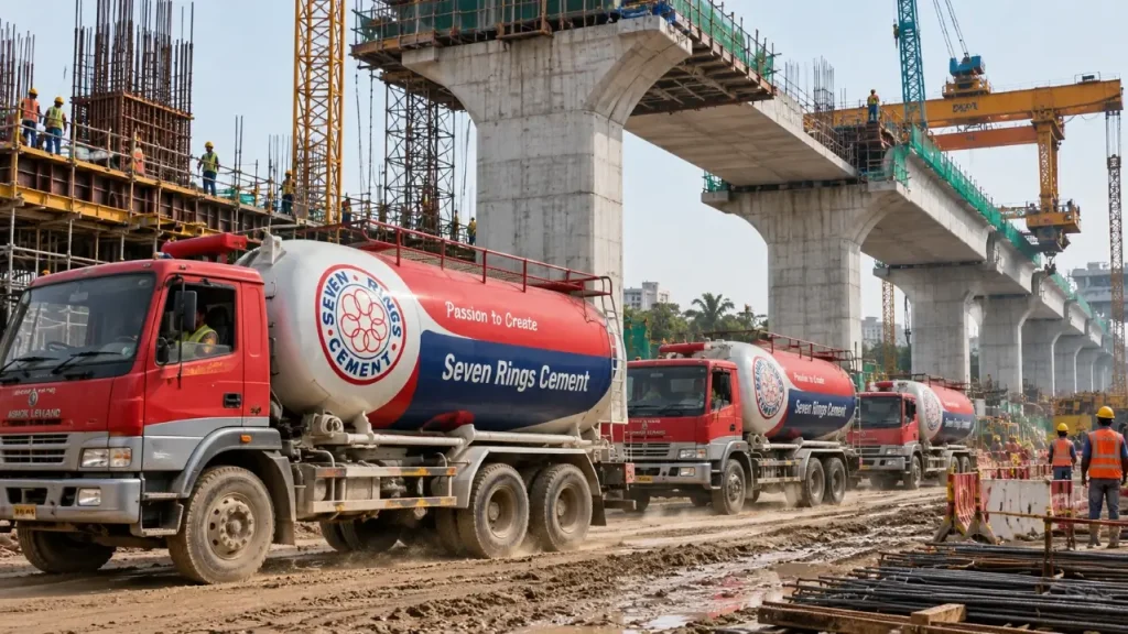 Seven Rings Cement delivery trucks at a major construction site for high-rise building construction in Bangladesh.