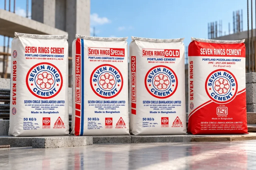 Seven Rings Cement, Special, Gold, and PPC bags displayed for different high-rise building construction applications.