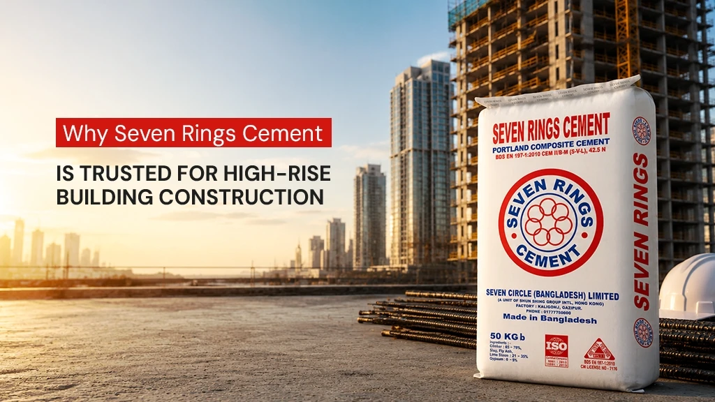 Seven Rings Cement bag displayed at a high-rise building construction site in Bangladesh.